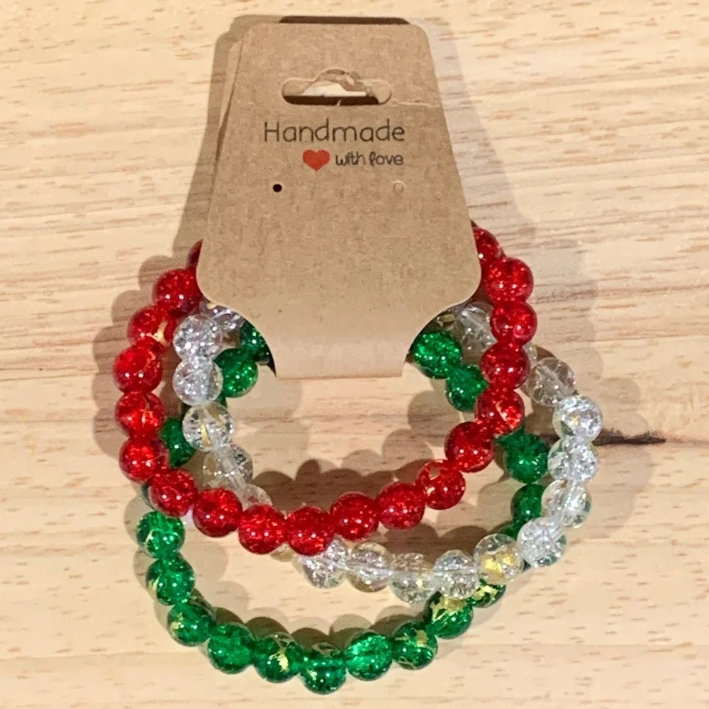 Handmade Beaded Bracelet Women Christmas Red Green Clear Gold Foil Holiday Set